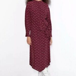 NWOT ZARA Size XS Womens Boho Floral Retro Tie Waist Midi Dress Burgundy
